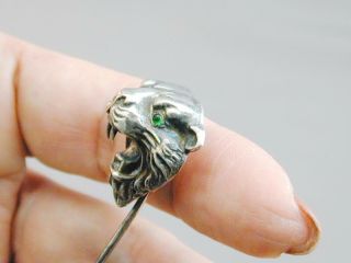 Antique Sterling Figural Fierce Tiger Stick Pin Emerald Eyes FANTASTIC 5