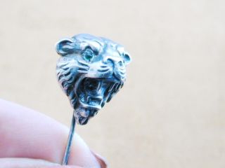 Antique Sterling Figural Fierce Tiger Stick Pin Emerald Eyes FANTASTIC 6