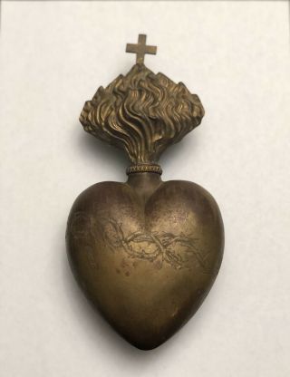 Flaming Sacred Heart Antique Ex - Voto Reliquary Locket Xlarge
