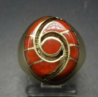 Breathtaking Dickie Quandelacy Vintage Zuni 14k Gold Coral Inlay Ring Size 6.  5