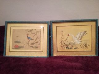 Pair Chinese Watercolours Birds Painted On Silk With Scripts And Red Seal Mark