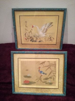 Pair Chinese Watercolours Birds painted on silk with scripts and red seal mark 2