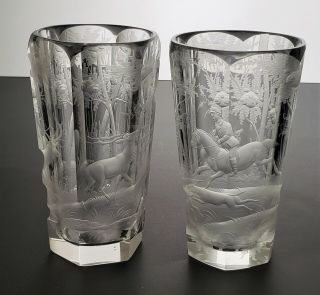Pair 19th C Antique Moser Intaglio Cut Glass Tumblers / Goblets Deer Hunting
