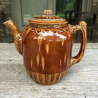 Antique Brown Glazed Teapot Artistic Design Lid Pottery Coffee Marked Detailed
