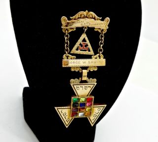 Fancy Antique 10k Solid Gold Multi - Gemstone Ret.  Lebanon Masonic Lodge 42 Badge