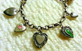 Vintage 1940 Dot/dash Sterling Silver Charm Bracelet With 9 Puffy Heart Charms