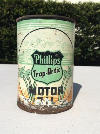 Rare Vintage Early Tin Litho 1qt Phillips 66 Trop Artic Motor Oil Can Antique
