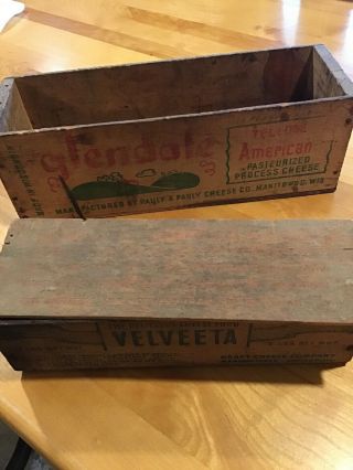 2 Vintage Wooden Cheese Boxes Velveeta & Glendale