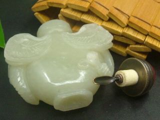 Antique Chinese Nephrite Celadon - HETIAN - Jade Hollowed Eleph Statue/Snuff Bottle 7