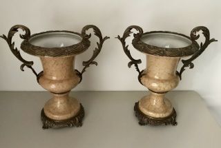 A Vintage Crackled Porcelain Vases With Brass Bases And Trim Decorations
