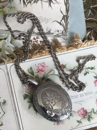 ANTIQUE VICTORIAN STERLING SILVER SWEETHEART LOCKET PENDANT 24” CHAIN NECKLACE 2