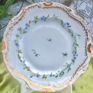 Vintage Hand Painted Plate 8 - 1/2” Scalloped Edge Tiny Blue Flowers Gold Etching