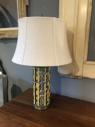Antique Majolica Bamboo Table Lamp,  Porcelaine With Tortoise Glaze,  Minton?