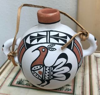 Vintage Lucy R Jojola Isleta Pueblo Small Handled Pottery Red & Black On White