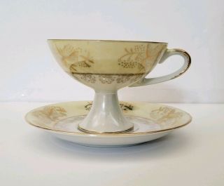 Enesco Pedestal Tea Cup And Saucer - Iridescent White And Gold - Japan