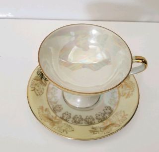 Enesco Pedestal Tea Cup And Saucer - Iridescent White And gold - Japan 3
