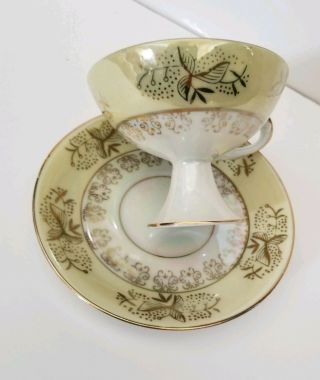 Enesco Pedestal Tea Cup And Saucer - Iridescent White And gold - Japan 4