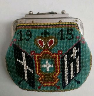 Rare Antique Beaded Greek Coin Purse With St.  George And The Dragon Motif