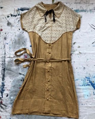 Vintage 1930s Toffee Linen & Eyelet Cotton Day Dress Wood Buttons Belted Waist