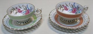 Two Vintage Tea Cups/saucers; Thames; Hand - Painted,  Gold - Trimmed; Floral Design