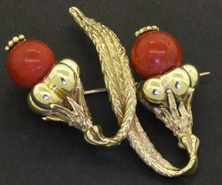 E.  Pearl Vintage Heavy 18k Gold Vs1/g Diamond & 12mm Red Coral Flower Brooch