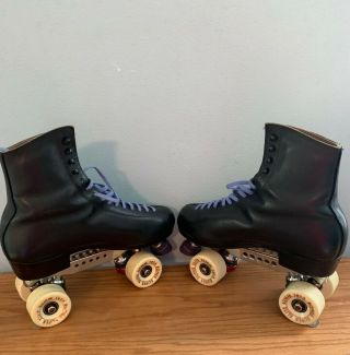 Vintage Riedell Black Leather Roller Skates Elite Bones Wheels Men Sz9