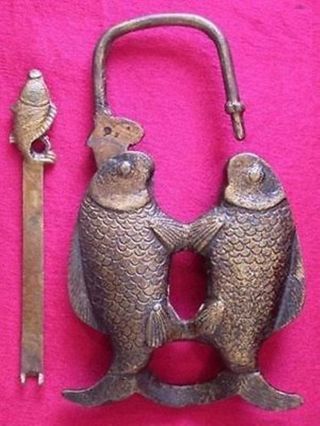 Rare Chinese Style Brass Carved Fish Lock/key