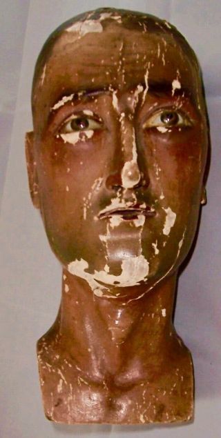 Antique Old C 1900 Carved Wood Man Mannequin Head With Glass Eyes