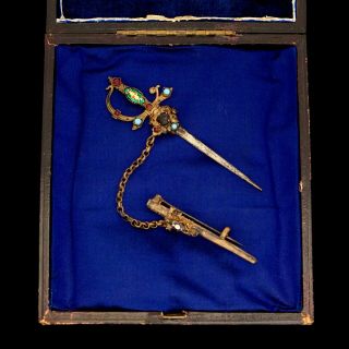 Antique Vintage Victorian 14k Gold Filled Gf Glass Enamel Sword Jabot Pin Brooch