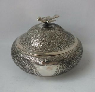 Eastern Decorative Solid Silver " Bird " Top Lidded Box C.  1930/ Dia 9 Cm/ 143 G
