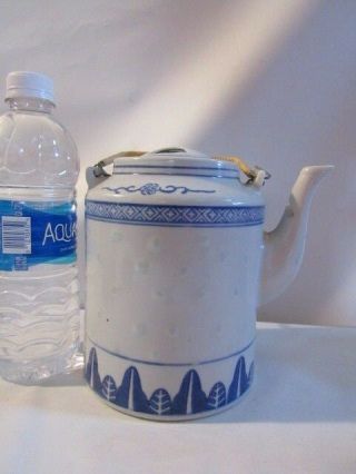 Vintage Chinese Blue&white Rice Pattern Teapot With Mark