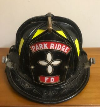 Vtg Cairns Black Leather Fire Helmet Firefighter W/chief Shield Park Ridge Nj Ex