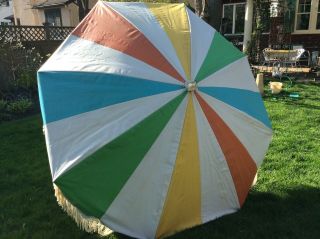 Vintage Finkel Mid Century Patio Umbrella Tilt Crank Multi Stripe W/ Fringe