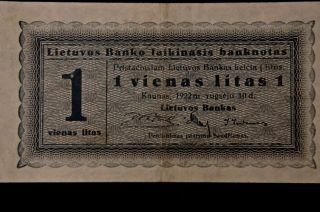 LITHUANIA - 1 VIENAS LITAS - Rare - 1922 BANKNOTE - 65mm X 121mm - 3