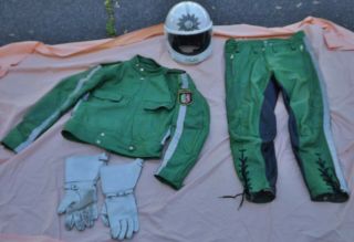 Vintage Green Leather German Motorcycle Police Jacket & Pants W/gloves & Helmet
