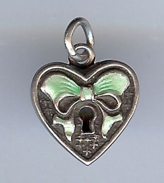 Walter Lampl Vintage Sterling Silver Green Enamel Bow Keyhole Heart Charm