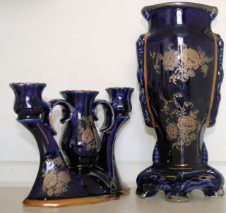 Ornate Porcelain Vase And Candle Holder,  Blue With Gilt Sprays.  Vase 29 Cm High