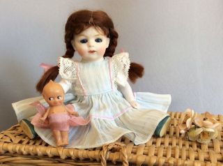 Big Vintage German All Bisque Doll Wicker Trunk W/ Antique Celluloid Kewpie Baby