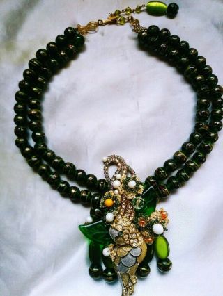 Millefiori Beads & Cockatiel Necklace Signed Stanley Hagler Pendant Figural Bird
