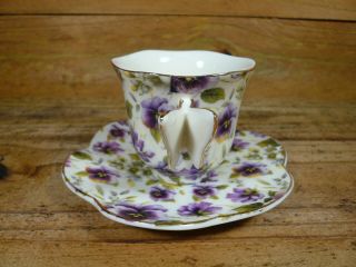 Elegant Porcelain Butterfly Handle Tea Cup and Saucer Set With Purple Violets 2