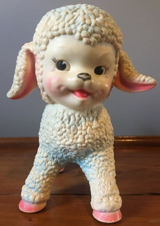 Vintage The Sun Rubber Company 1961 Lamb Swivel Head Toy On Glass Rollers 10”