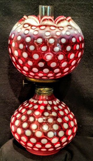 Miniature Antique Cranberry Polka Dot Glass Oil Lamp