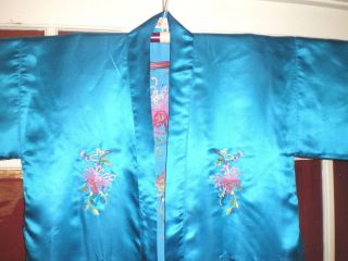 FINE Old Chinese Turquoise Silk Robe/Kimono w/Embroidered Chrysanthemums 4
