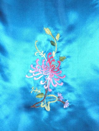 FINE Old Chinese Turquoise Silk Robe/Kimono w/Embroidered Chrysanthemums 6
