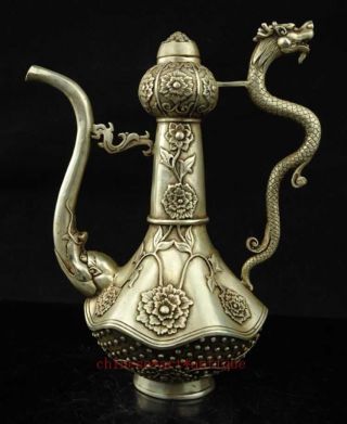 Chinese Old Copper Plating Silver Carving Dragon Flower Wine Tea Pot Flagon E02