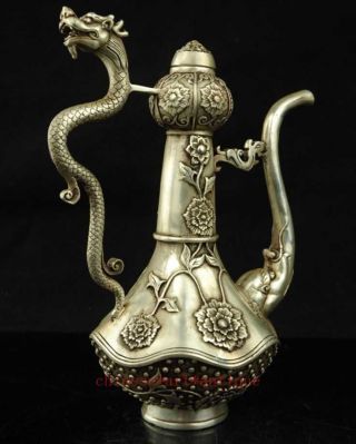 Chinese old copper plating silver Carving Dragon flower Wine Tea Pot Flagon e02 2