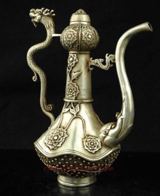 Chinese old copper plating silver Carving Dragon flower Wine Tea Pot Flagon e02 3