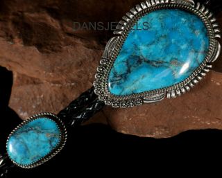 Running Bear Old Pawn Vintage Navajo Slab Turquoise Sterling Bolo Tie