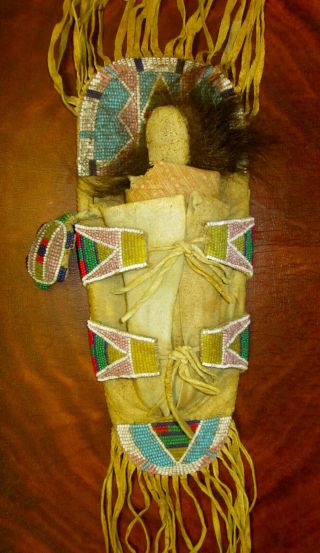 Antique Native American Indian Papoose Doll Cradle Board,  Fringe,  Beads,  Buckskin