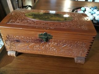 Vintage Carved Wooden Cedar Chest Jewelry Trinket Box W Padlock & Etched Mirror